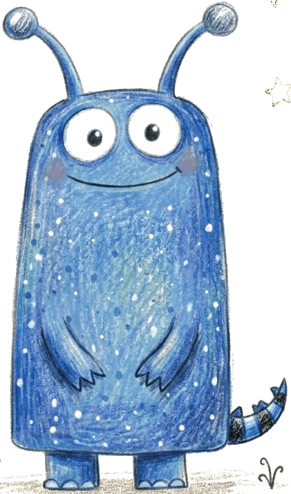 Anvido, der kleine blaue Außerirdische, schaut neugierig